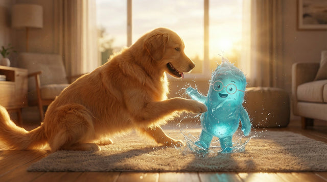 Golden Retriever gibt einer blauen Bacillus-Figur im sonnigen Wohnzimmer die Pfote