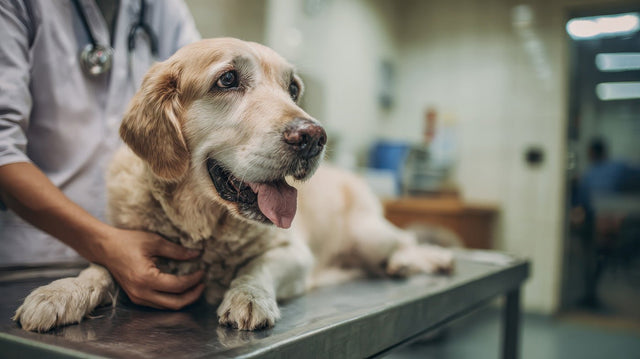 Golden Retriever liegt auf dem Untersuchungstisch einer Tierarztpraxis und wird abgetastet