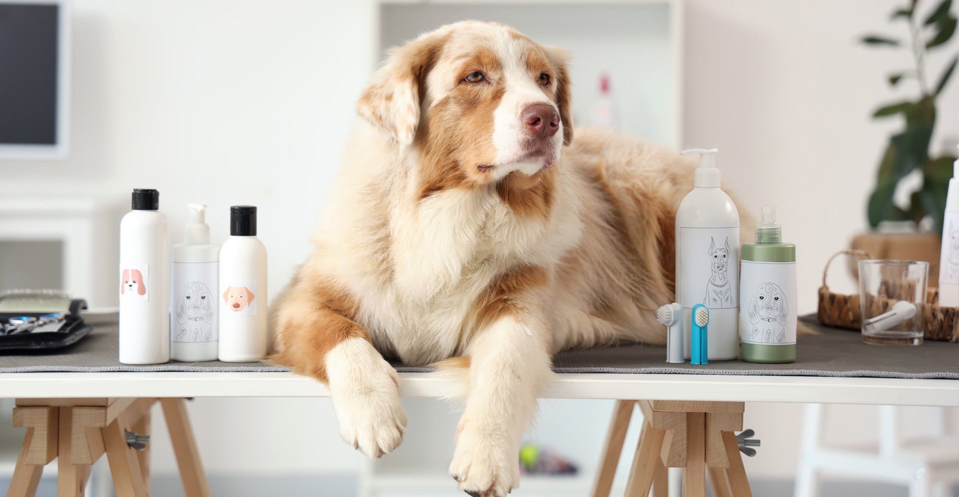 Australian Shepherd auf einem Pflegetisch, umgeben von Flaschen mit Hundepflegeprodukten