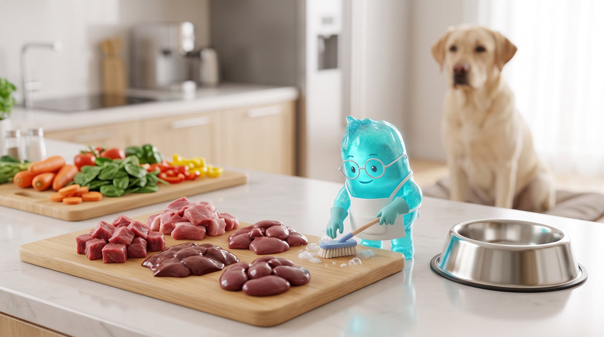 Illustration: Blaue Bacillus-Figur reinigt mit Handschuhen ein Schneidebrett mit rohem Fleisch, Hund wartet im Hintergrund