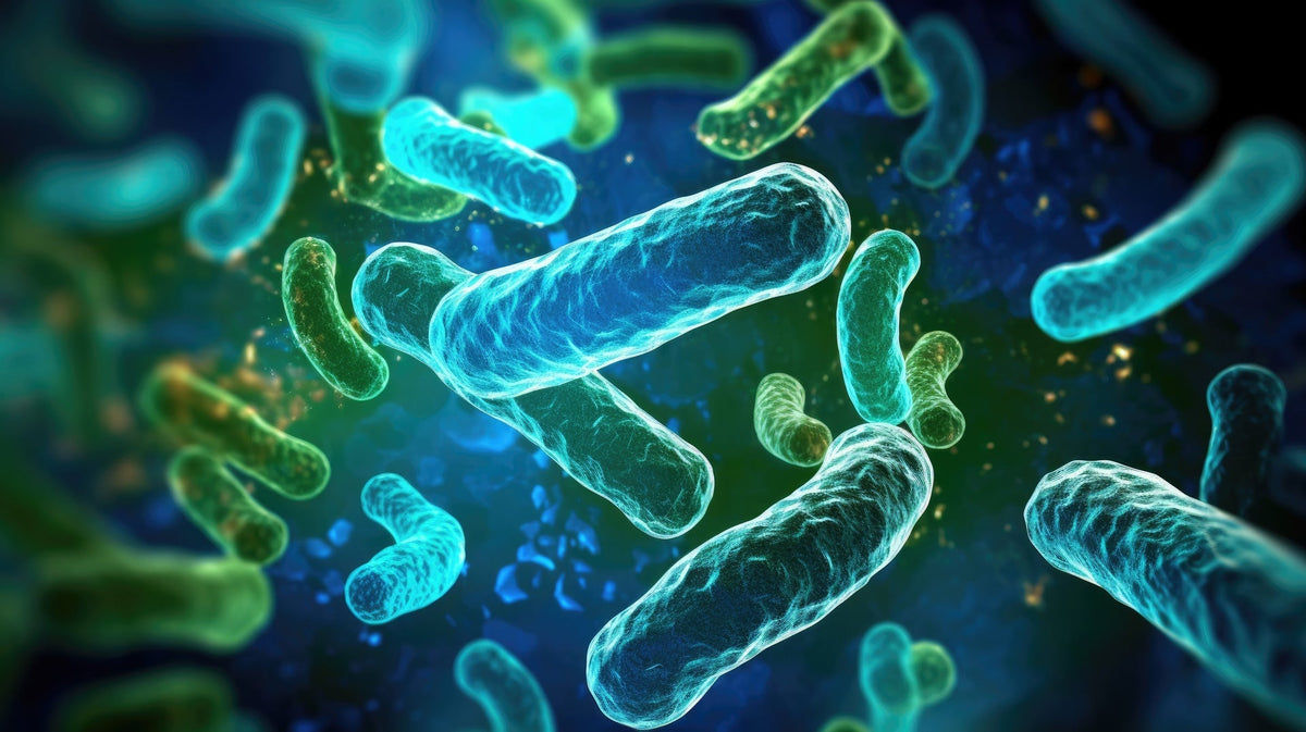 Mikroskopische Darstellung stäbchenförmiger Bacillus-subtilis-Bakterien in Blau und Grün