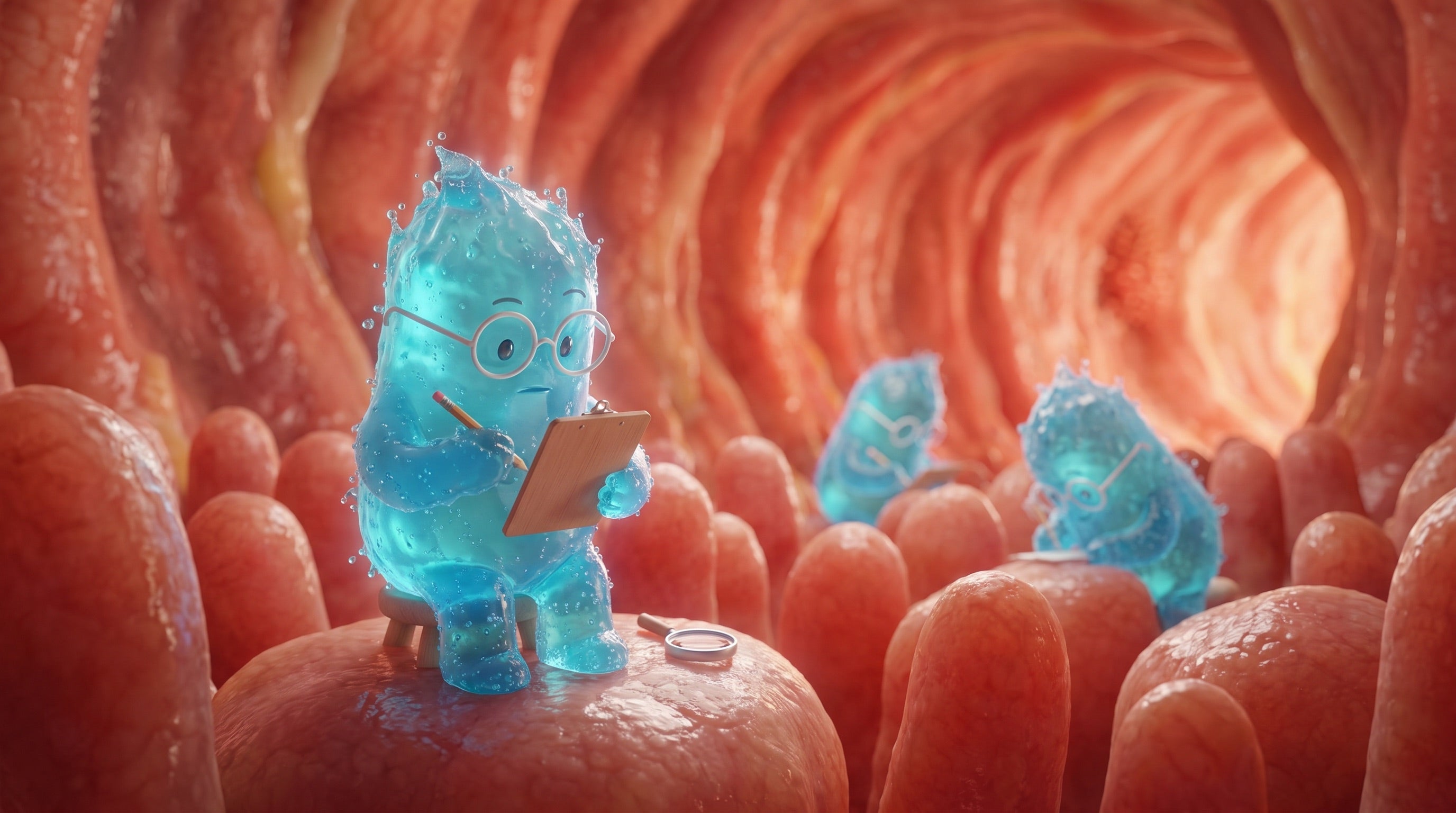 Illustration: Blaue Bacillus-Figur sitzt mit Klemmbrett auf einer Darmzotte und notiert Beobachtungen