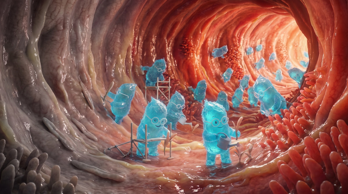 Illustration: Blaue Bacillus-Figuren bauen die Darmzotten wieder auf — links abgetragen und blass, rechts dicht und kräftig