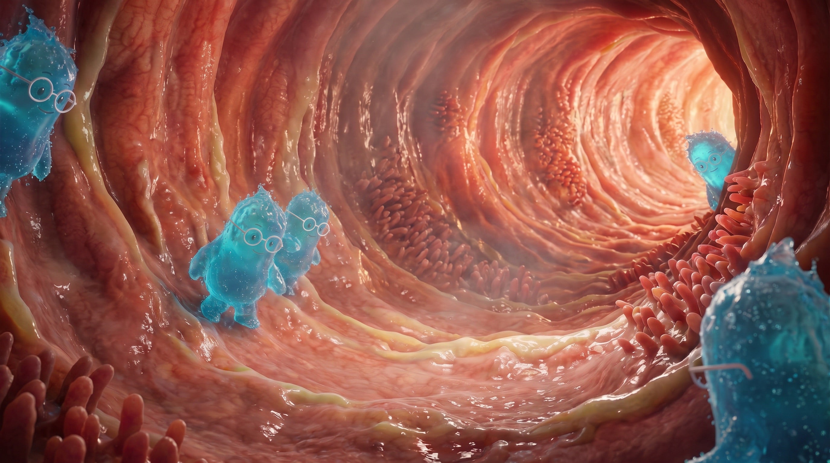 Illustration: Blaue Bacillus-Figuren kehren nach einer Antibiotikagabe in einen ausgedünnten Darm zurück