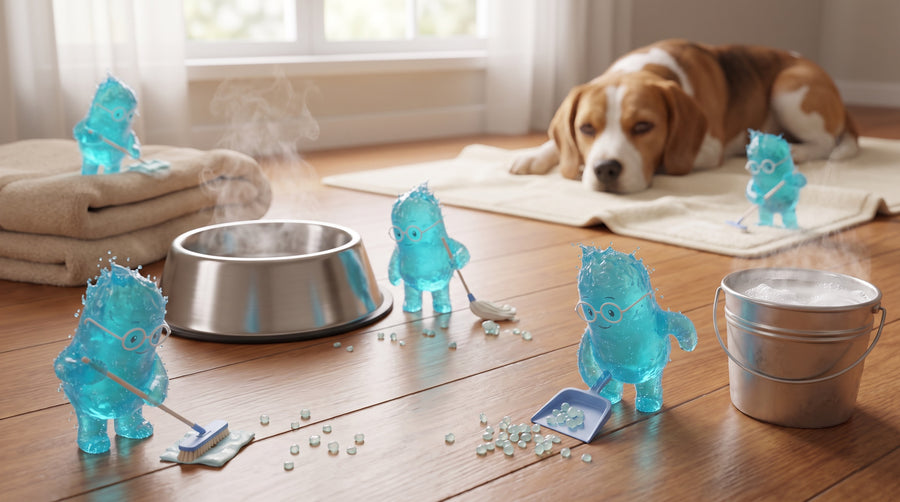 Illustration: Blaue Bacillus-Figuren reinigen Boden, Napf und Decken eines Hundeplatzes und kehren helle Zysten zusammen