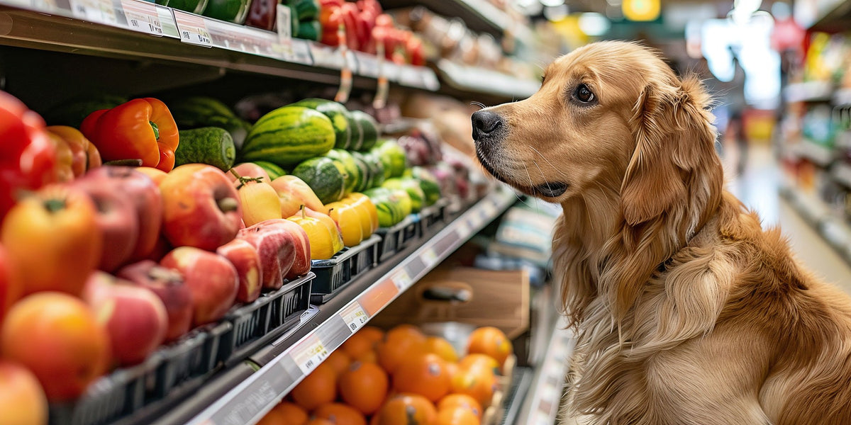 Golden Retriever sitzt vor dem Obst- und Gemüseregal eines Supermarkts