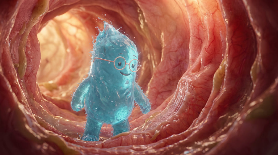 Illustration: Eine blaue Bacillus-Figur im Darm