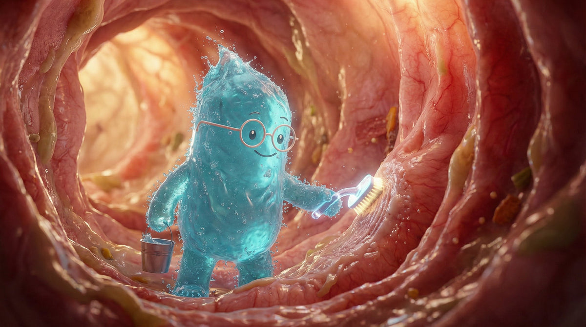 Illustration: Eine blaue Bacillus-Figur mit Bürste und Eimer im Darm