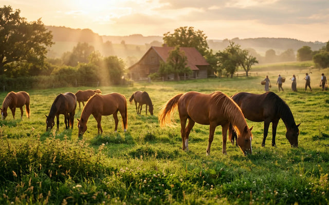 Pferdeherde grast im Abendlicht auf einer Weide, im Hintergrund ein Hof
