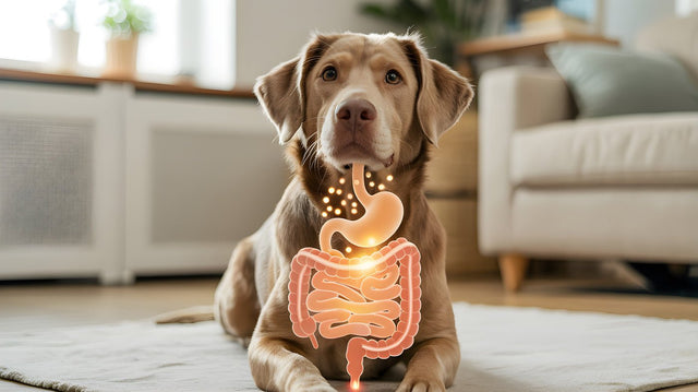 Hund liegt im Wohnzimmer, darüber eine leuchtende Darstellung von Magen und Darm