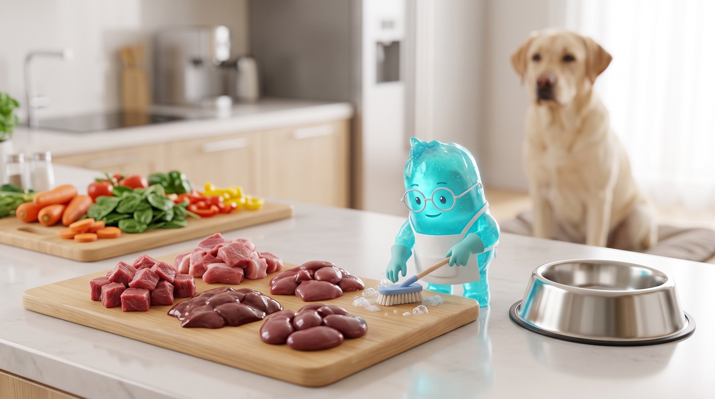 Illustration: Blaue Bacillus-Figur reinigt mit Handschuhen ein Schneidebrett mit rohem Fleisch, Hund wartet im Hintergrund