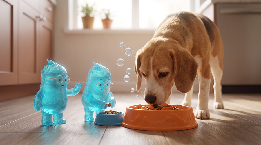 Illustration: Hund frisst ruhig aus einem Anti-Schling-Napf, blaue Bacillus-Figuren portionieren daneben und bremsen das Tempo