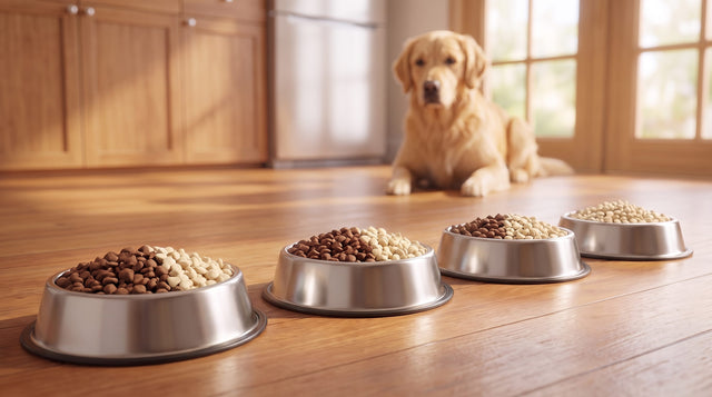 Illustration: Golden Retriever hinter 4 Futternäpfen, der Anteil des hellen neuen Futters steigt von links nach rechts