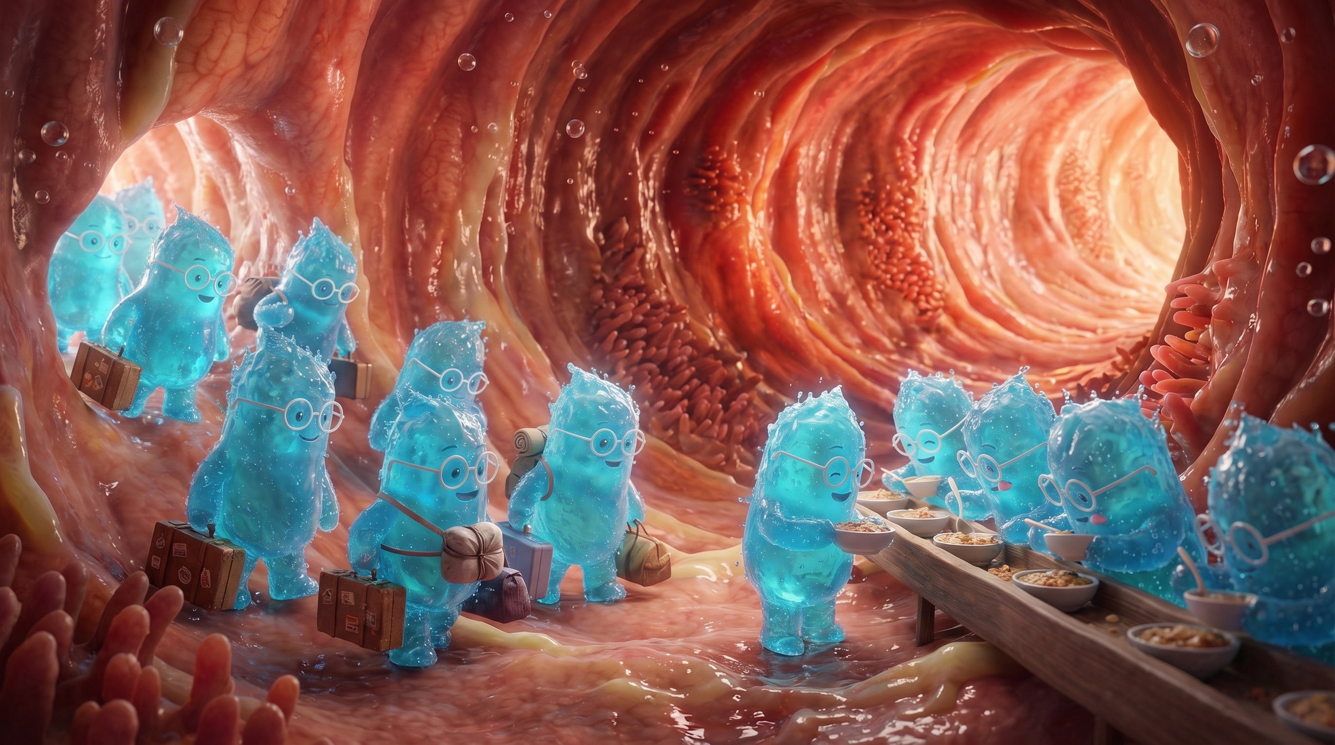 Illustration: Blaue Bacillus-Figuren kommen mit Gepäck im Darm an, während bereits ansässige Figuren am Futtertrog versorgt werden