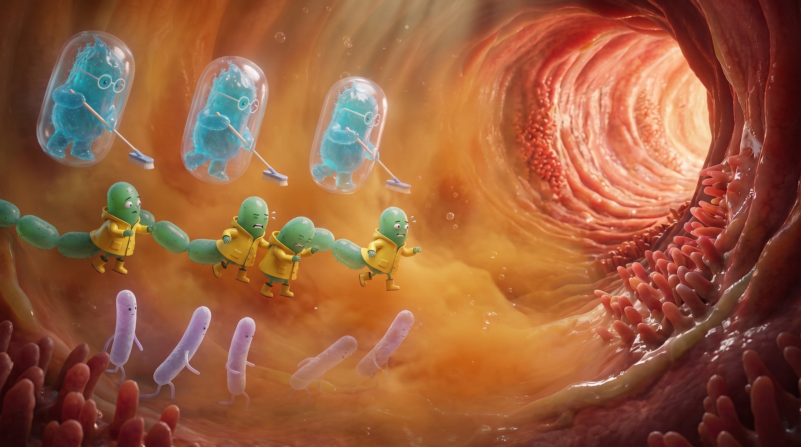Illustration: Drei Bakteriengruppen passieren den Magen — Bacillus in Sporenkapseln, Enterokokken in Regenmänteln, Lactobacillus ohne Schutz