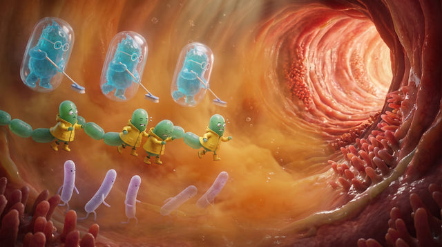 Illustration: Drei Bakteriengruppen passieren den Magen — Bacillus in Sporenkapseln, Enterokokken in Regenmänteln, Lactobacillus ohne Schutz