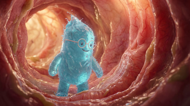 Illustration: Eine blaue Bacillus-Figur im Darm