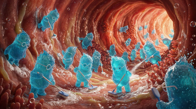 Illustration: Blaue Bacillus-Figuren reinigen mit Bürsten die Darmwand