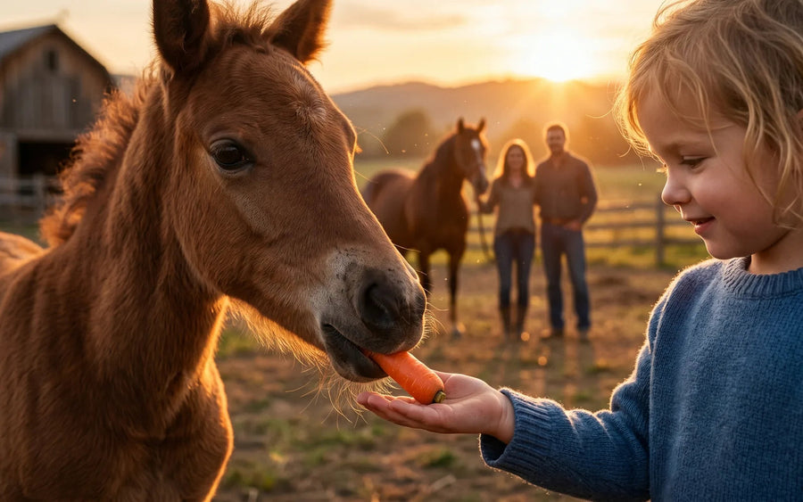 Fohlen nimmt eine Karotte aus der Hand eines Kindes, im Hintergrund ein Paar mit Pferd im Abendlicht