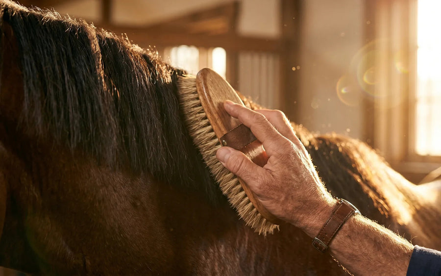 Eine Hand striegelt den Hals eines Pferdes mit einer Bürste, im Gegenlicht des Stalls