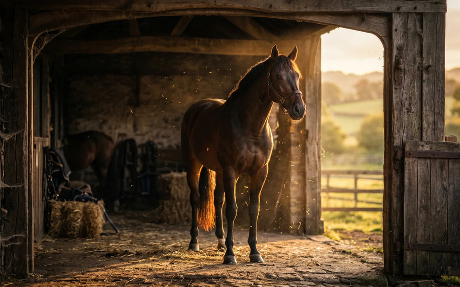 Pferd steht in einem offenen Stall neben Heuballen, dahinter die Weide im Abendlicht