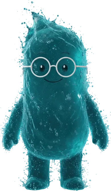 Bacillus, die Maskottchenfigur von BSN: eine türkisfarbene Wasserfigur mit Brille