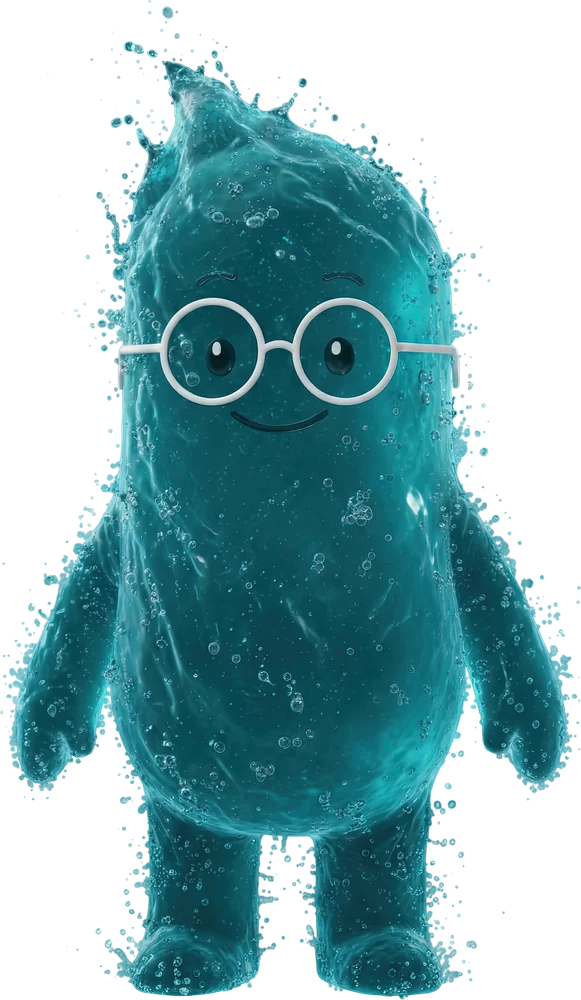 Bacillus, die Maskottchenfigur von BSN: eine türkisfarbene Wasserfigur mit Brille