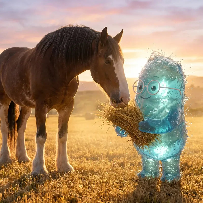 Ein Kaltblut und die Bacillus-Figur von BSN auf einem Feld im Abendlicht