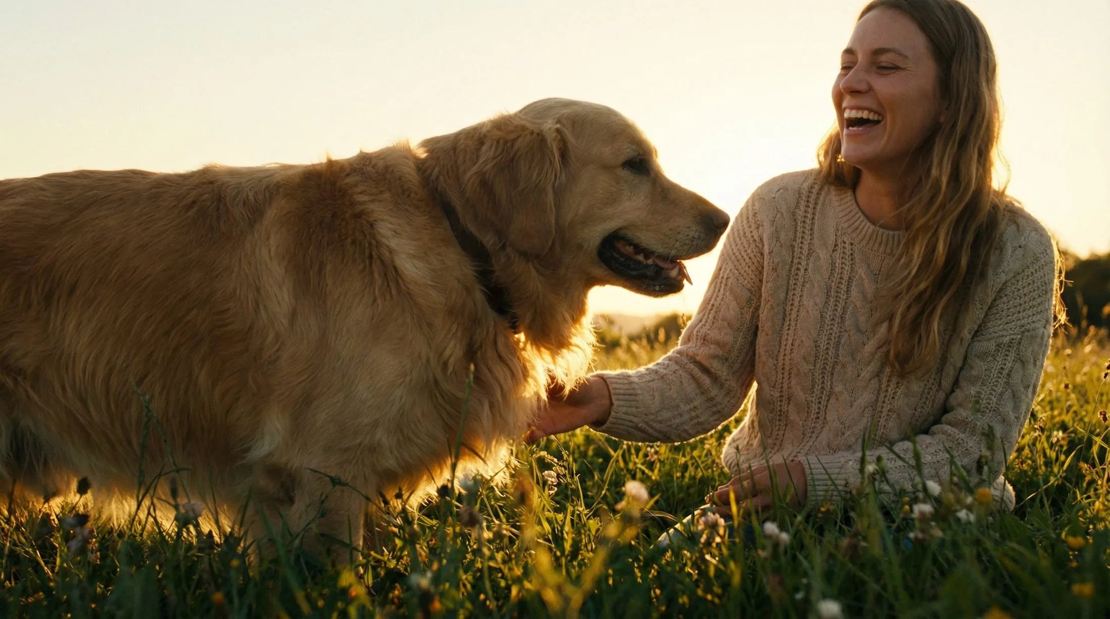 Eine Frau kniet im Abendlicht lachend neben ihrem Golden Retriever auf einer Wiese