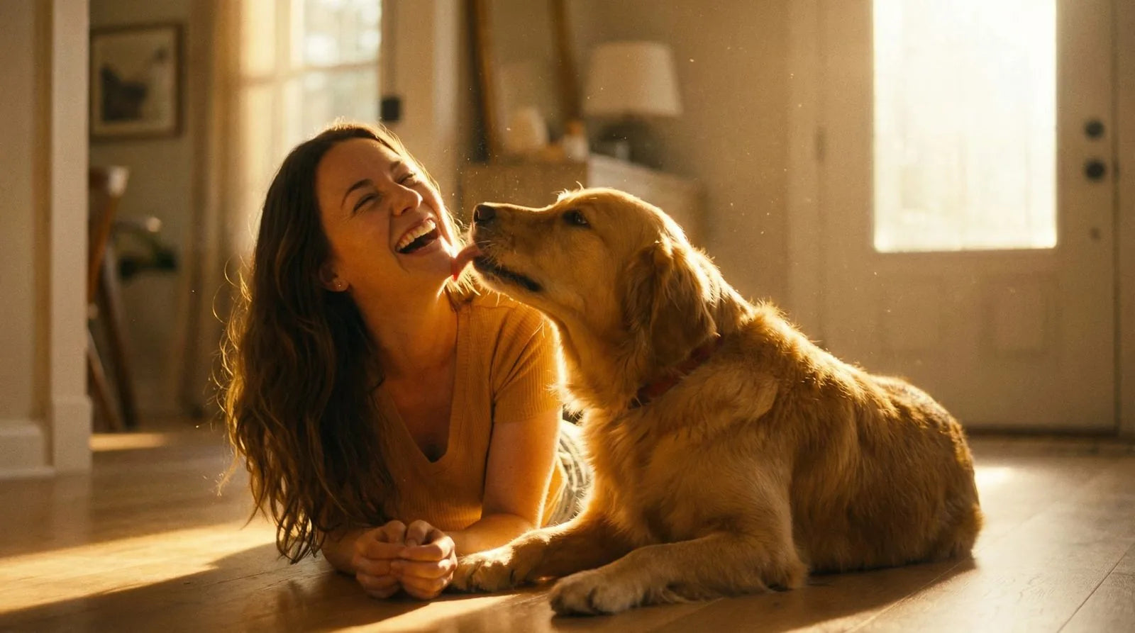 Frau mit ihrem Hund auf dem Wohnzimmerboden