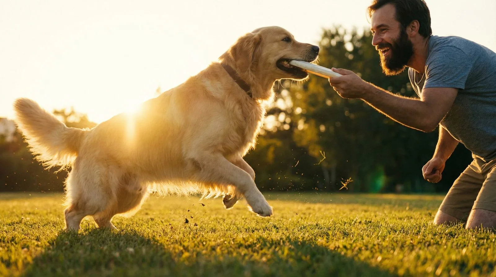 Hund und Halter spielen im Abendlicht auf einer Wiese – Darmkur für Hunde von BSN