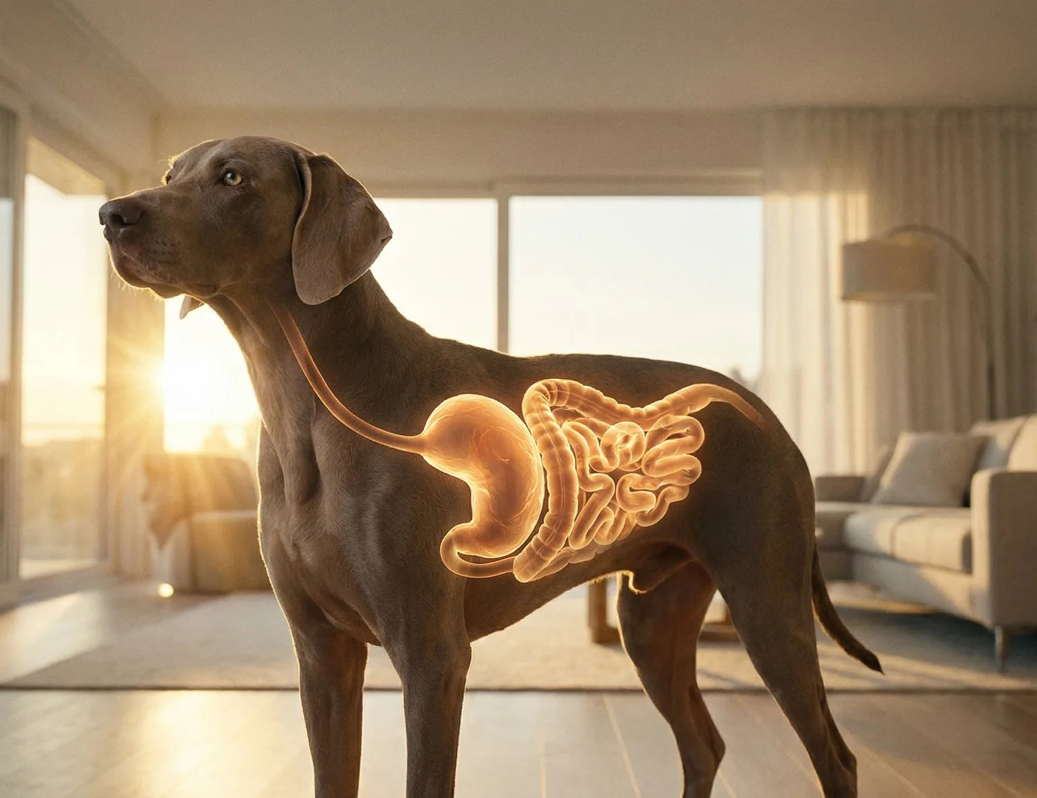 Hund im Wohnraum, der Verdauungstrakt ist zur Veranschaulichung farbig hervorgehoben – Darmgesundheit beim Hund