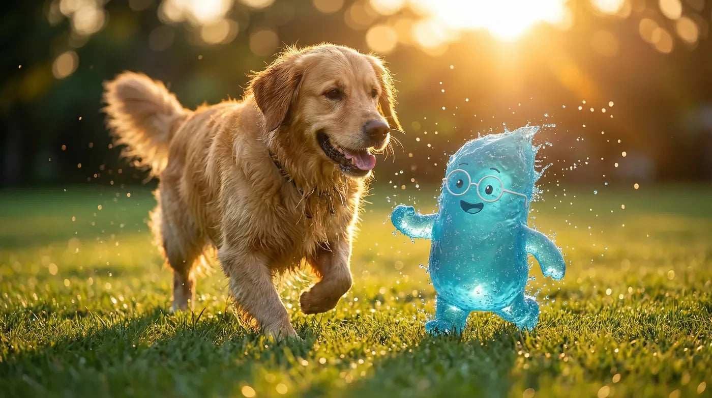 Golden Retriever läuft im Abendlicht durch eine Wiese