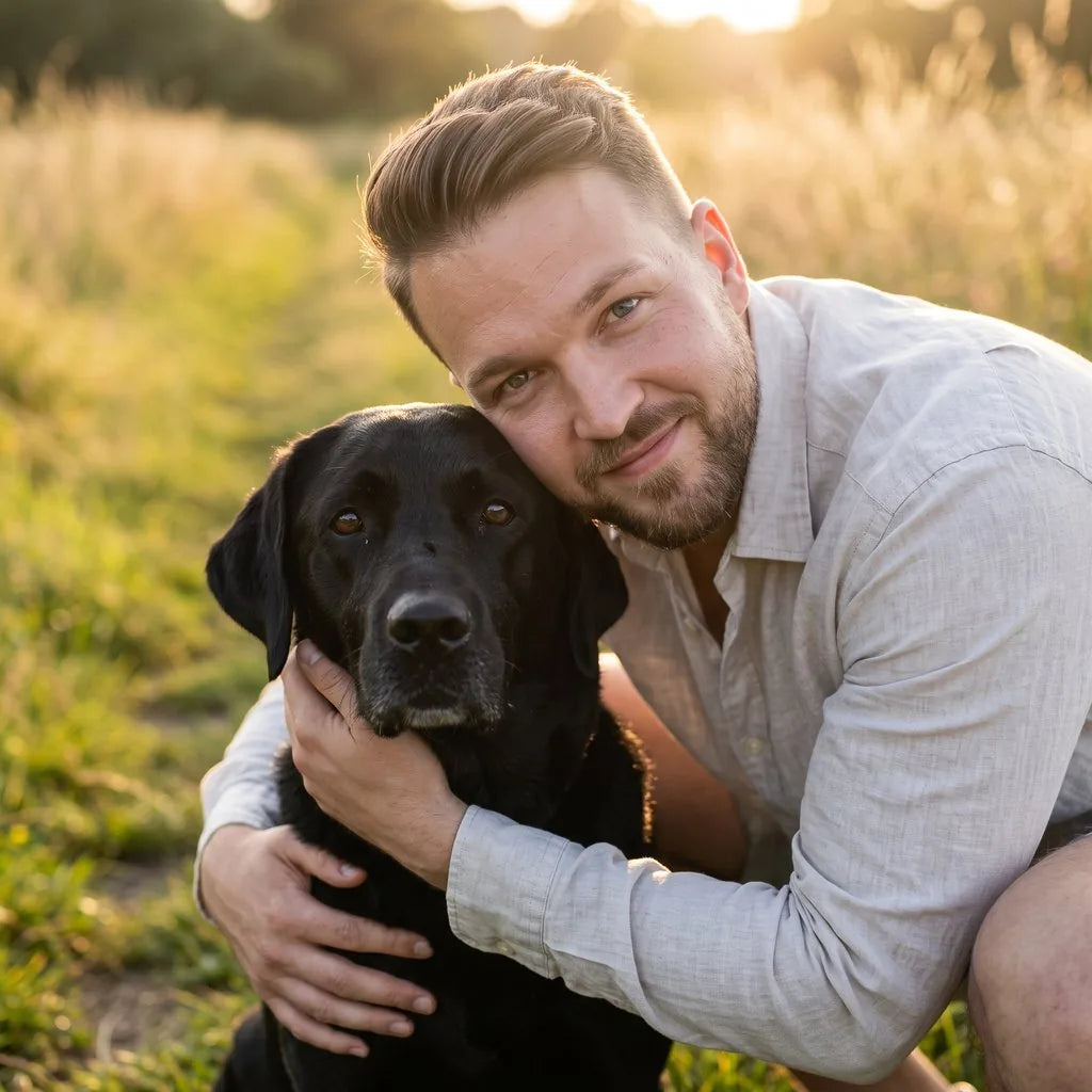 Marco mit seiner Labradorhündin Mila auf einer Wiese im Abendlicht